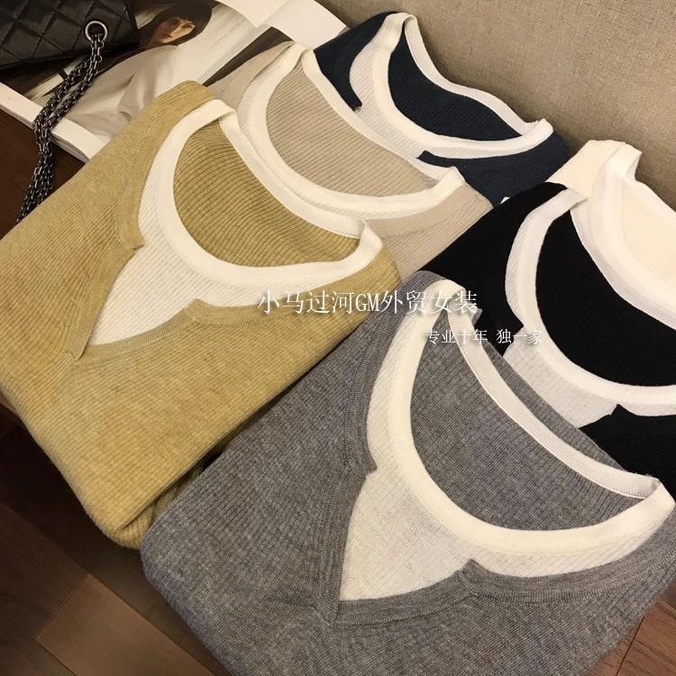羊毛针织衫上衣女拼接休闲毛衣
