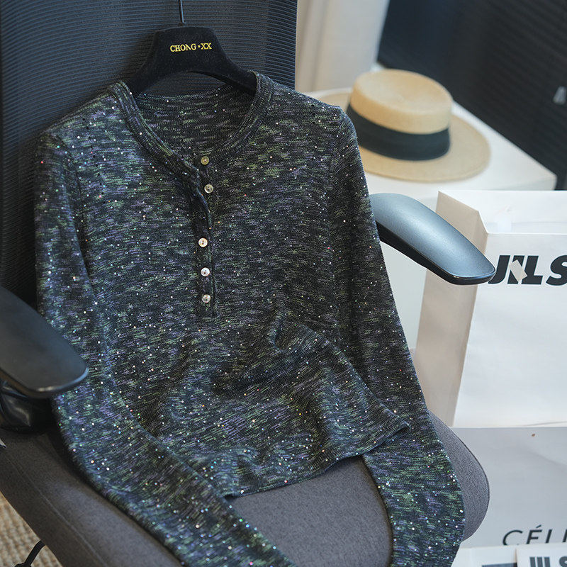 虫小小 26春季幻彩珠片亨利领长袖针织衫女毛衫内搭打底上衣A101F