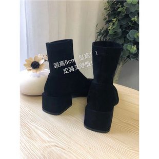 方跟弹力靴小高跟羊反绒短靴 jv舒适好穿显脚瘦款 THEWOW经典 返场