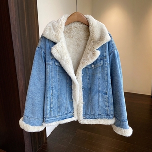 加绒加厚保暖毛毛拼接牛仔外套女上衣秋冬2025新 氛围感 AMR