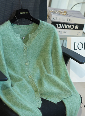 虫小小2025羊毛羊绒圆领宽松长袖拉毛针织开衫女毛衣外穿秋冬A42A