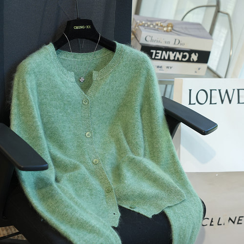 虫小小2025羊毛羊绒圆领宽松长袖拉毛针织开衫女毛衣外穿秋冬A42A