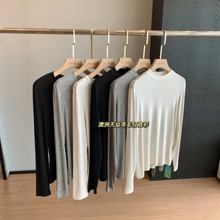 巨好穿！澳洲天丝羊毛老钱亨利衫立体圆领长袖打底衫T恤女新