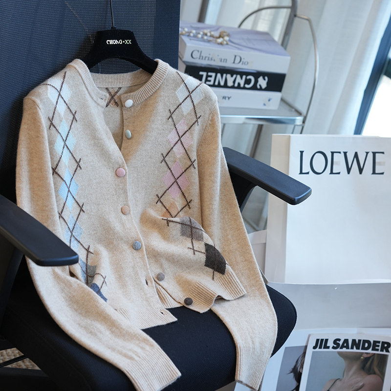 柜上2.9K+复古菱格提花绵羊毛针织开衫女毛衣打底衫秋冬新款A75G