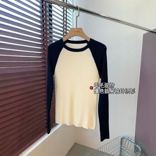 羊毛混纺 竖坑条针织打底衫 时髦佰搭修身 圆领撞色插肩袖 版 THEWOW