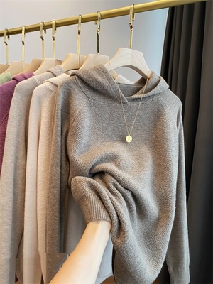 美利奴羊毛针织衫连帽毛衣女秋冬