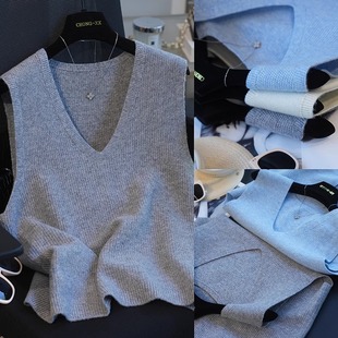 虫小小 100绵羊毛宽松V领纯色针织马甲女毛衣背心叠穿秋冬季906A