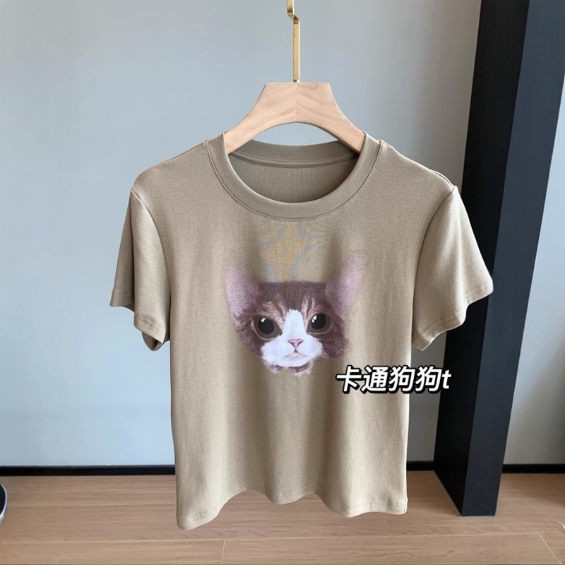 美式小众感！趣味猫咪印花简约百搭短款修身显瘦辣妹短袖T恤夏