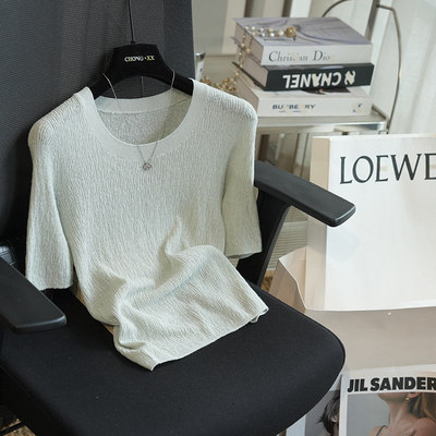 亚麻褶皱肌理圆领修身显瘦短袖针织衫女T恤上衣2026春夏新款A112A