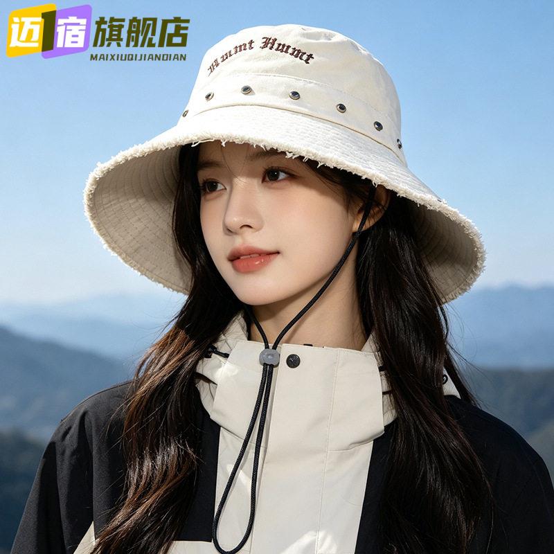 复古铆钉刺绣渔夫帽女毛边大檐盆帽带防风绳户外遮阳帽子防晒帽潮