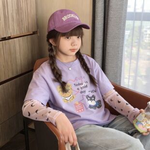 儿童T恤休闲卡通夏季2026新款夏天防晒袖假两件女童短袖上衣童装