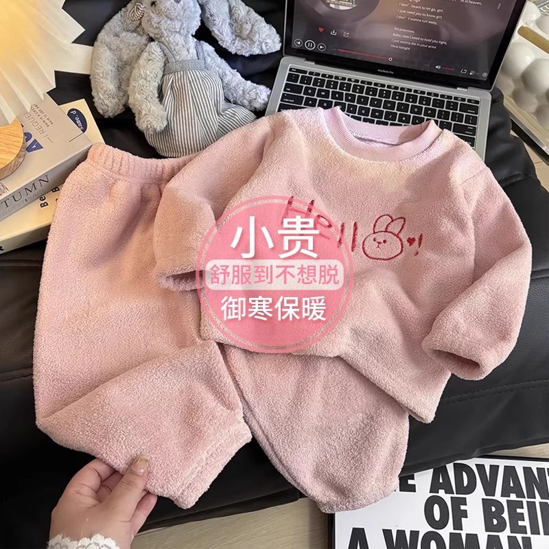 儿童加绒睡衣睡裤秋冬季新款加厚家居服男女童奥利绒外穿保暖套装