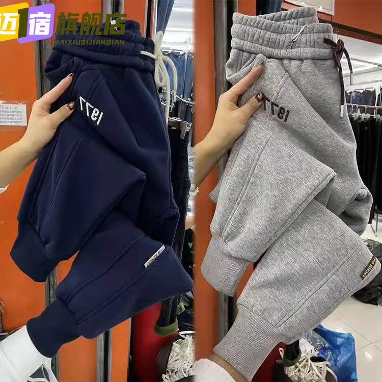 加绒加厚束脚卫裤女秋冬抽绳休闲裤宽松运动裤绿色大码冬季青年
