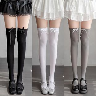 罗莉塔蝴蝶结过膝袜女蕾丝jk长筒袜薄款Lolita天鹅绒黑白灰色丝袜