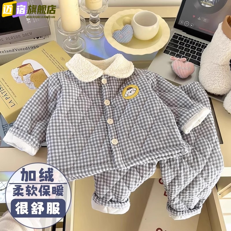 睡衣男女宝宝保暖套装棉衣秋冬棉服儿童三层夹棉卡通家居服中小童