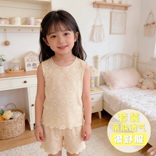 套装 儿童家居服两件套外穿空调服女童睡衣夏季 短裤 无袖 女孩 薄款
