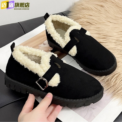 毛毛口勃肯鞋女冬季新款加绒保暖单鞋豆豆鞋平底韩版百搭休闲棉鞋
