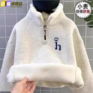 男女童加绒半拉链刺绣卫衣冬季中大童加厚上衣儿童羊驼绒保暖衣服