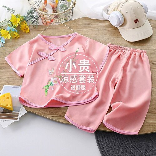 女童国风套装2026年夏季国风棉绸空调服短袖刺绣汉服家居服外穿新