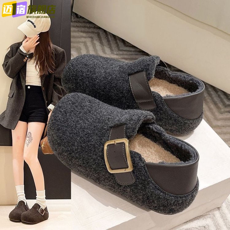 两穿复古勃肯鞋女新款冬季加绒保暖厚底内增高毛绒棉鞋时尚毛毛鞋
