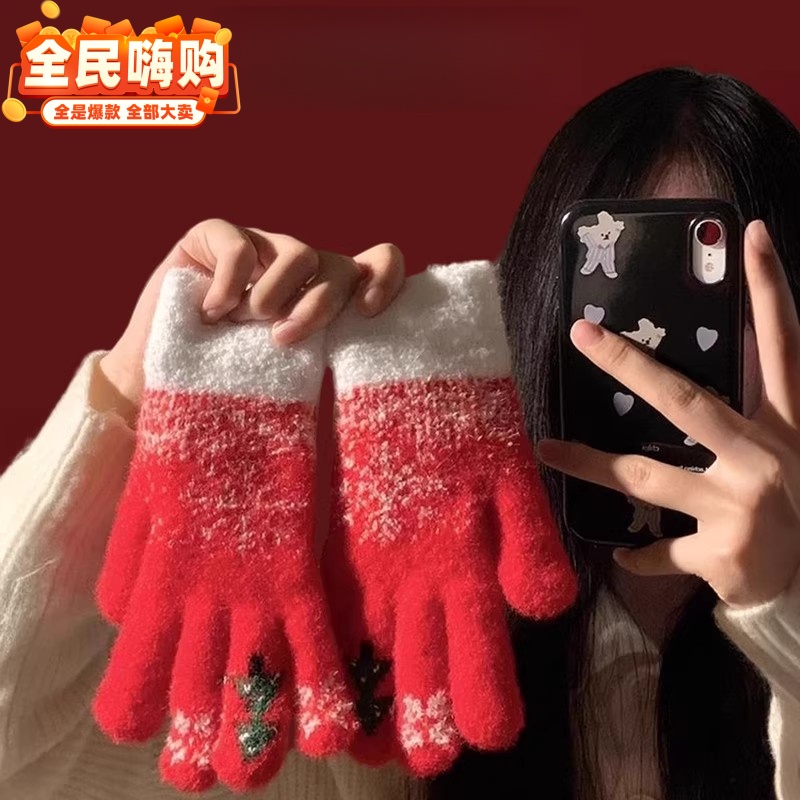 新年圣诞节礼物红色毛线手套女冬季骑行保暖防寒露指针织加厚防风