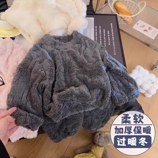 男女宝宝法兰绒保暖睡衣两件套毛茸茸儿童冬季加绒加厚家居服套装
