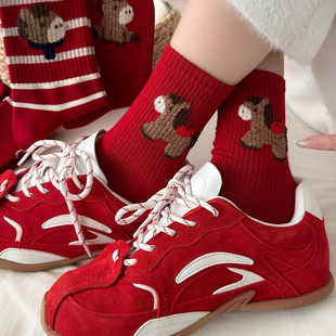 大红色袜子女秋冬季 2026马年本命年中筒袜加厚保暖卡通条纹鸿运袜