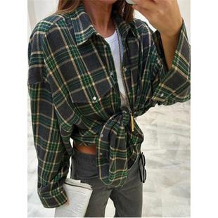 Plaid Lapel Loose Versatile Womens Shirt Pocket Long