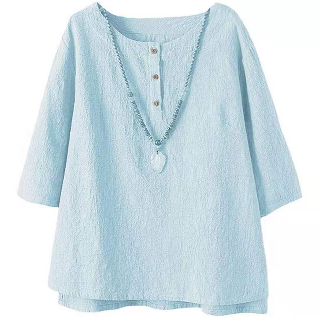 T-shirt linen and cotton buttoned color solid mid-sleeve