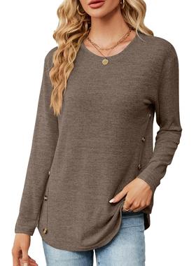 -shirt patch elbow button long tops loose casual color