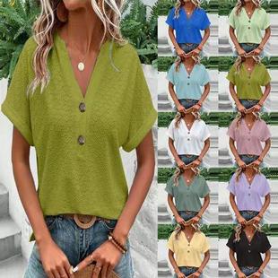 Neck Color Button Womens Solid Fashion shirt Casual
