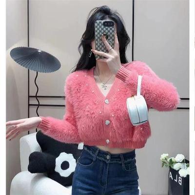 Top Short Cardigan Knitted Fleece Mink Gentle V-neck Womens