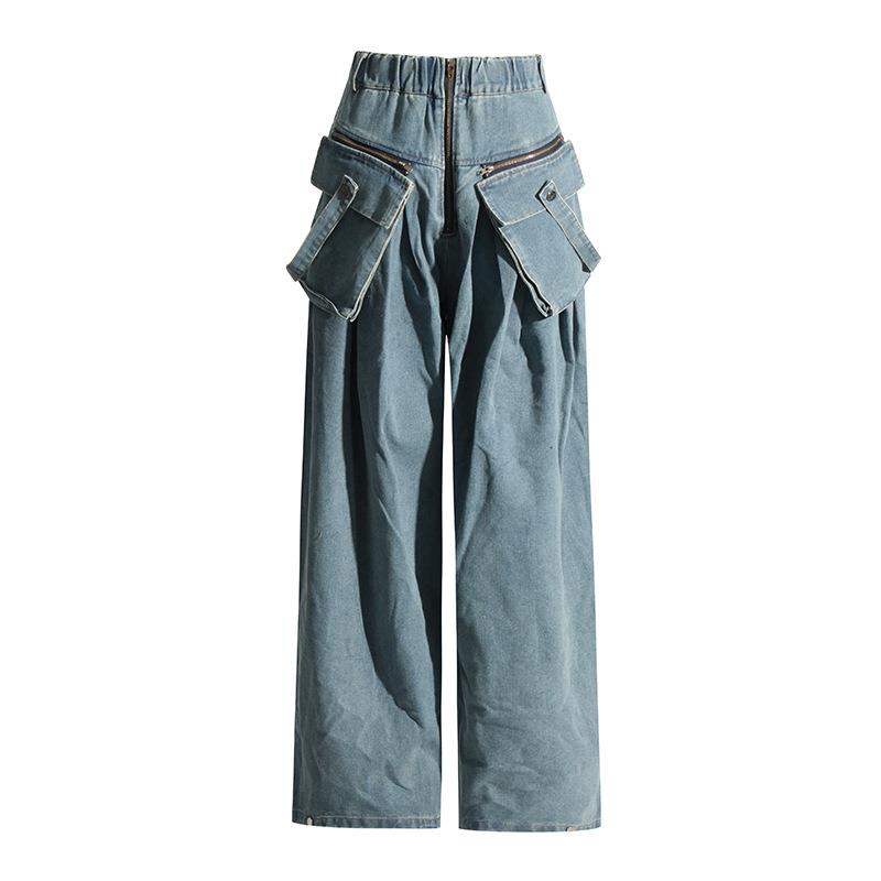 Washed distressed multi-pocket decoration loose wide-leg