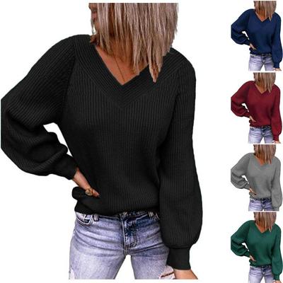 women for sweater pullover color solid V-neck knitted loose