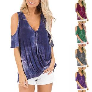 Top T-Shirt Short-Sleeved Off-Shoulder V-Neck Tie-Dye