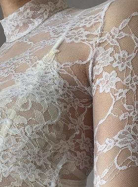 rapcopter white lace crop turtleneck full sleeev see