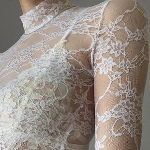 rapcopter white lace crop turtleneck full sleeev see