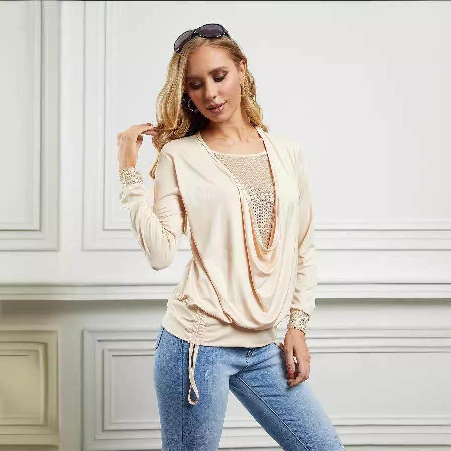 top pleated large Sequined color fake collar long-sleeved