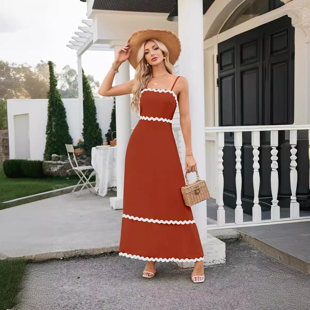 Womens suspender gathered lace mid-length sleeveless dress