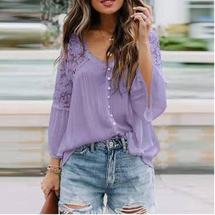 solid shirt splicing womens tops color women Lace trumpet