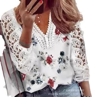 stitching flower neck plant ladies sleeved long shirt