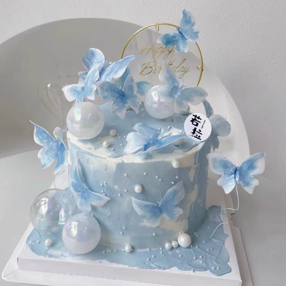 女神蝴蝶ins生日蛋糕装饰插件铁丝纱布白色蝴蝶蓝色粉色唯美烘焙