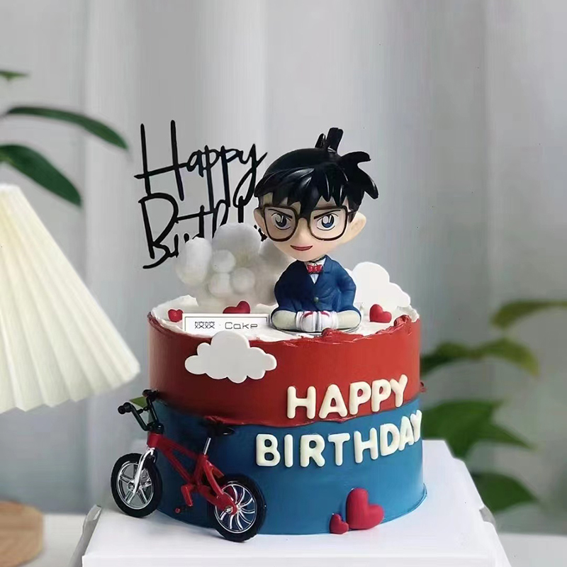 柯南名侦探男生生日蛋糕摆件动漫卡通男朋友老公自行车烘焙装饰