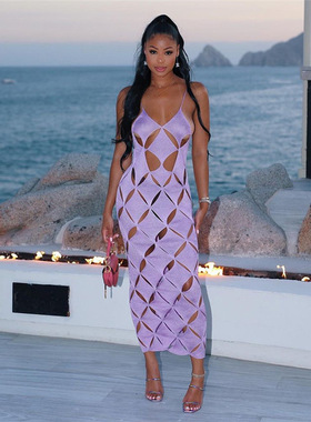 度假海边沙滩超模秀场霸气女镂空吊带长裙性感露背修身包臀连衣裙