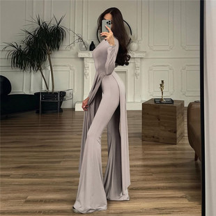 纯色气质连衣裙休闲喇叭长裤 丹恋季 长袖 节 两件套 欧美风秋冬新款