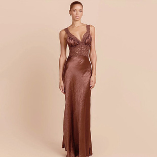 欧美2026低胸宴会酒会生日轻熟优雅新款性感吊带拼接蕾丝礼服长裙