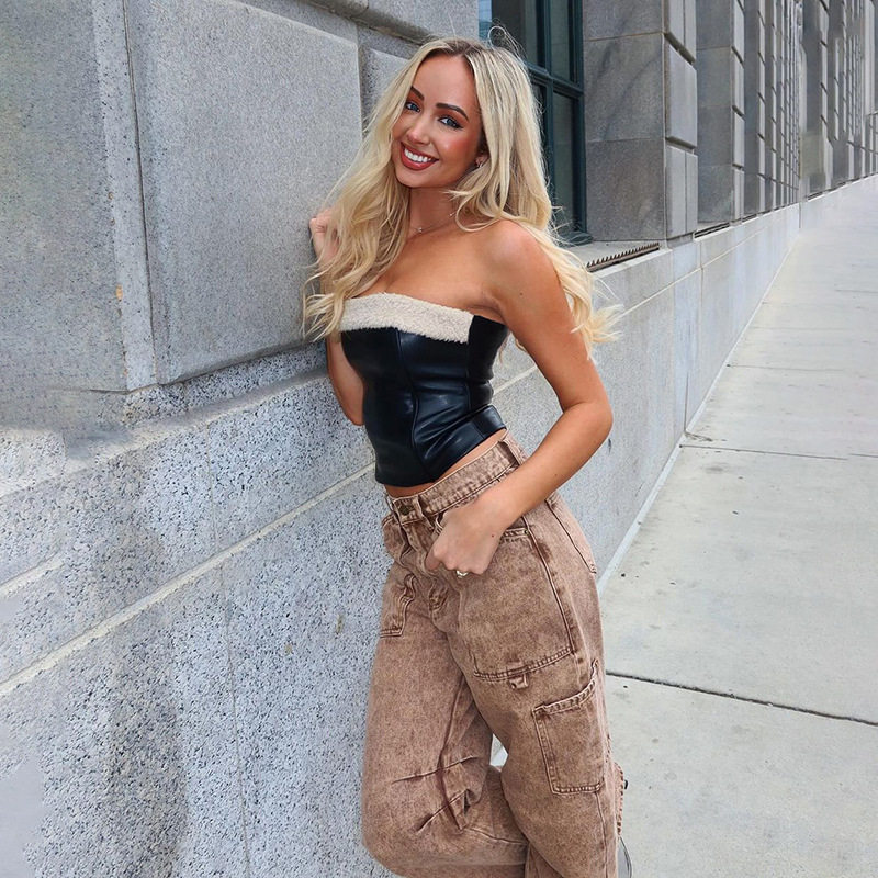 欧美2026紧身春季新品女装时尚辣妹毛绒拼接PU皮露背短款抹胸背心,女装/女士精品,抹胸,淘宝优惠券,粉丝福利购,淘宝优惠卷