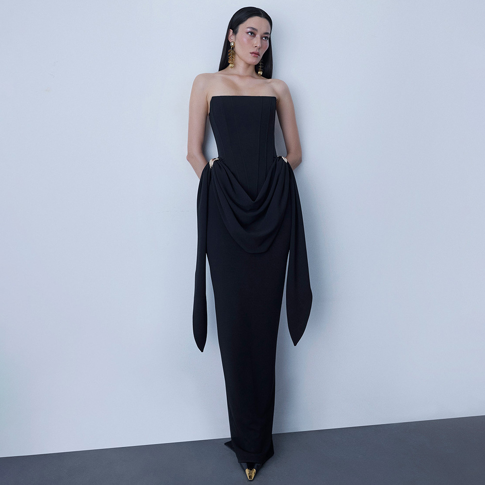 法式复古轻奢抹胸露背修身长裙女