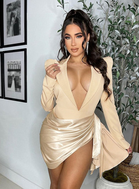 欧美2026低胸霸气气场魅力新款时尚纯色深V领斜摆飘带西装连衣裙