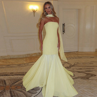 宴会高级礼服年会晚宴酒会秀场度假性感网纱拼接抹胸拖地绝美长裙